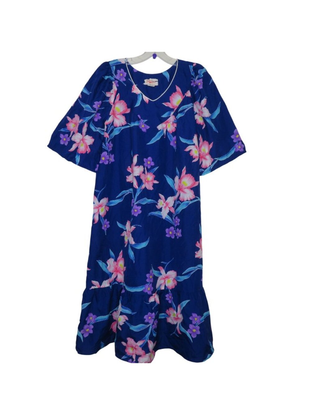Vintage Blue Floral Hawaiian MuuMuu Dress Ruffle Hem Womens M Made in Hawaii